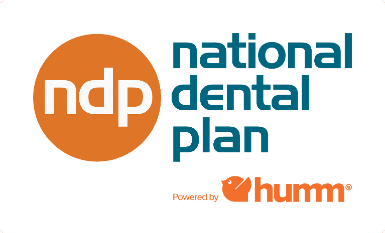 National Dental Plan Logo, Powered by Humm containing colours Orange, white and Blue. 